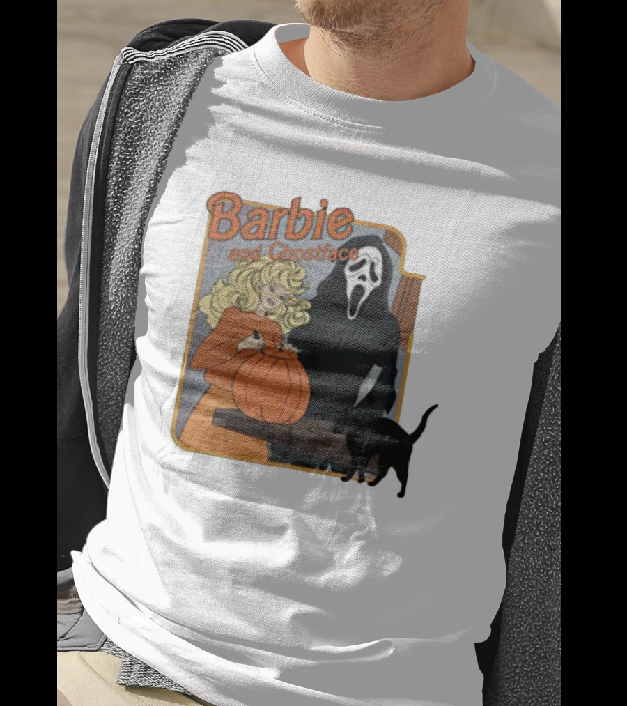 Barbie And Ghostface Halloween Pumpkin Carving Scene With Black Cat T-Shirt