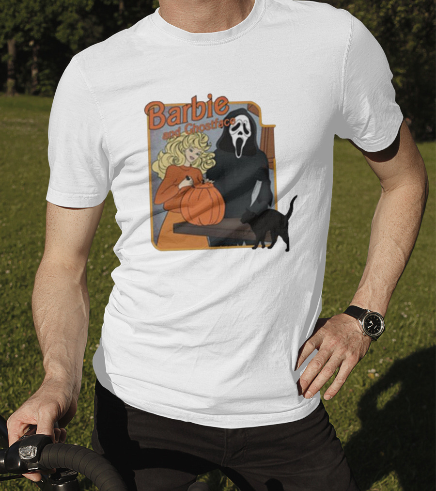 Barbie And Ghostface Halloween Pumpkin Carving Scene With Black Cat T-Shirt