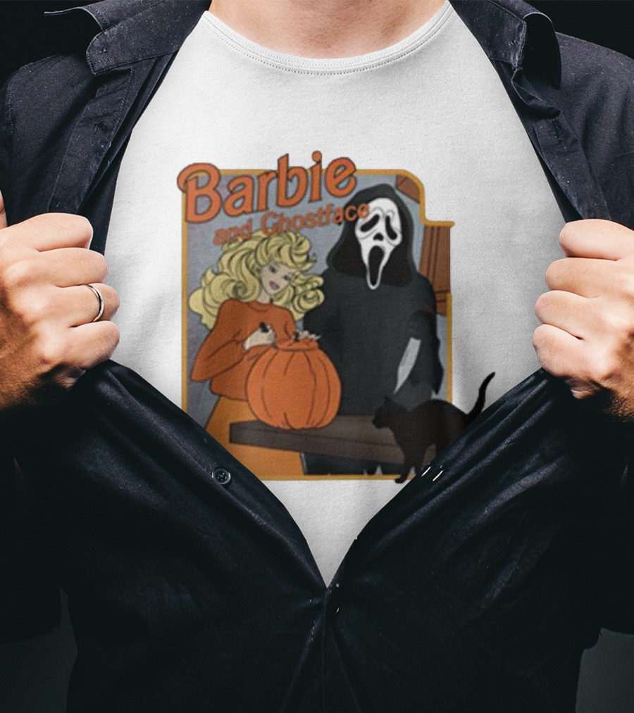 Barbie And Ghostface Halloween Pumpkin Carving Scene With Black Cat T-Shirt