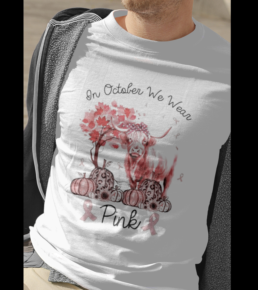 In October We Wear Pink Cow With Pumpkins And Awareness Ribbons T-Shirt