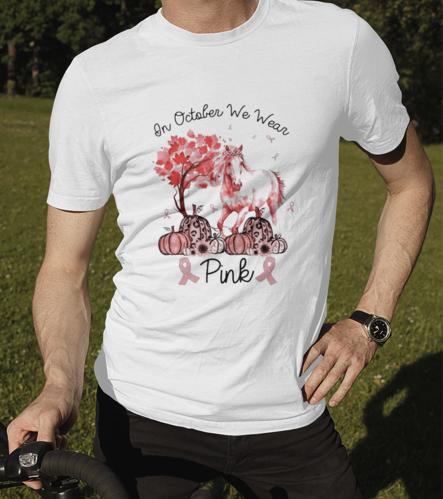 In October We Wear Pink Horse Ribbon Pumpkins Halloween T-Shirt