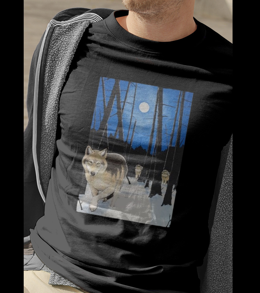 Snow 1995 Wild Earth Wolf Vintage Full Moon Forest Scene T-Shirt