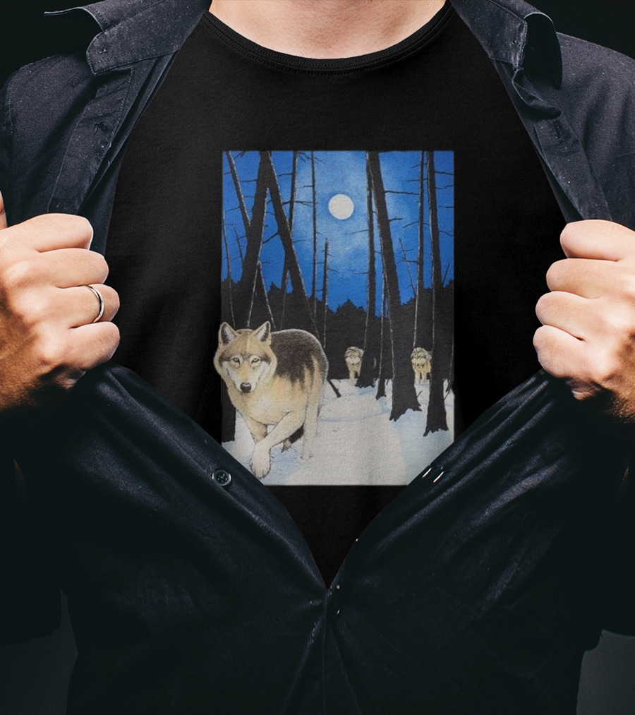 Snow 1995 Wild Earth Wolf Vintage Full Moon Forest Scene T-Shirt