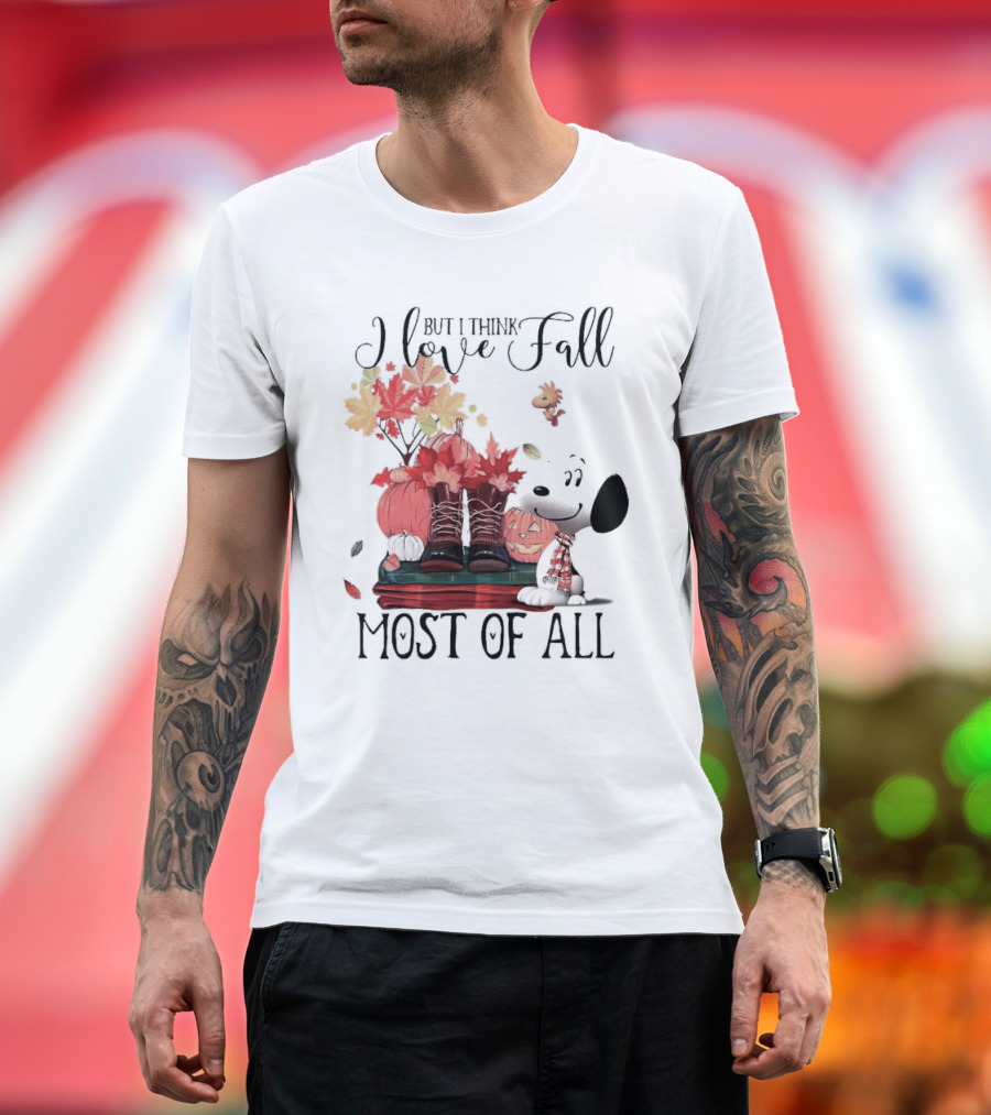 I Love Fall Most of All Snoopy Dog with Boots Pumpkins and Leaves T-Shirt
