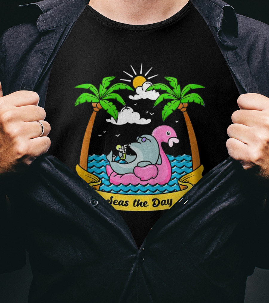 Seas The Day Relaxed Fit Palm Trees Flamingo Float Sunshine Clouds Ocean Waves T-Shirt