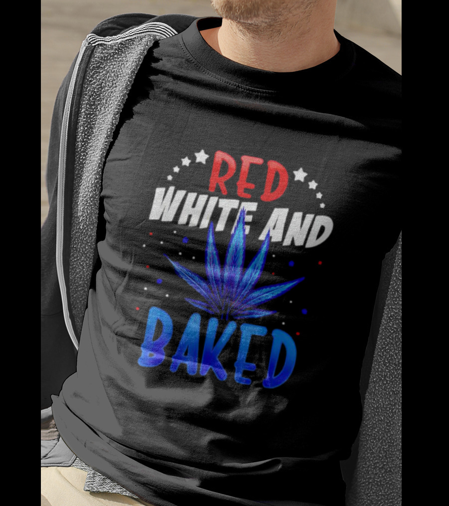Red White And Baked Weed Leaf With Stars And Dots T-Shirt