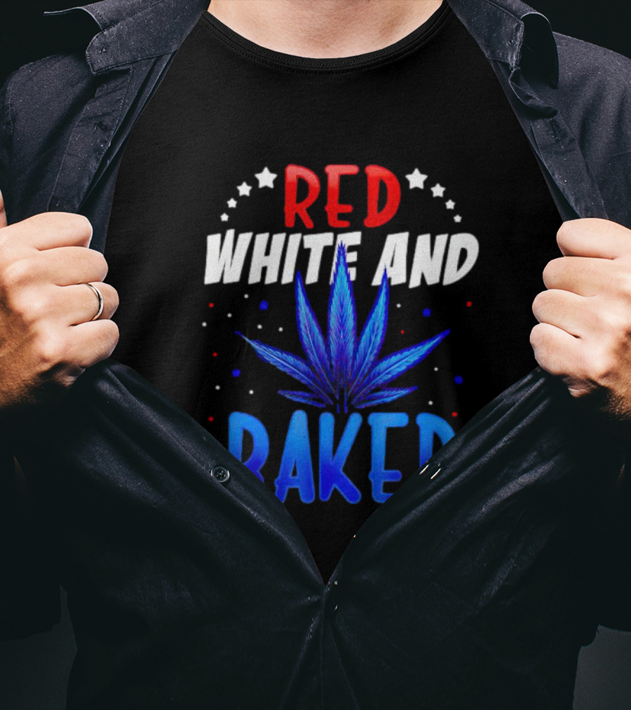 Red White And Baked Weed Leaf With Stars And Dots T-Shirt
