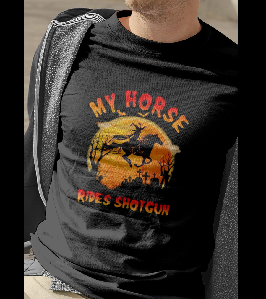 My Horse Rides Shotgun Halloween Witch Graveyard Scene T-Shirt