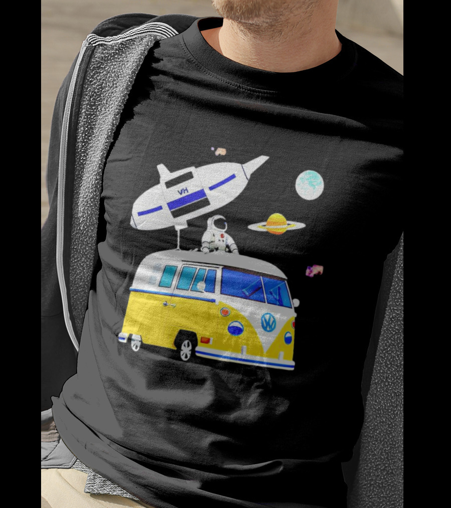 Astronaut Riding Yellow Volkswagen Bus With Rocket And Saturn Planet Background T-Shirt