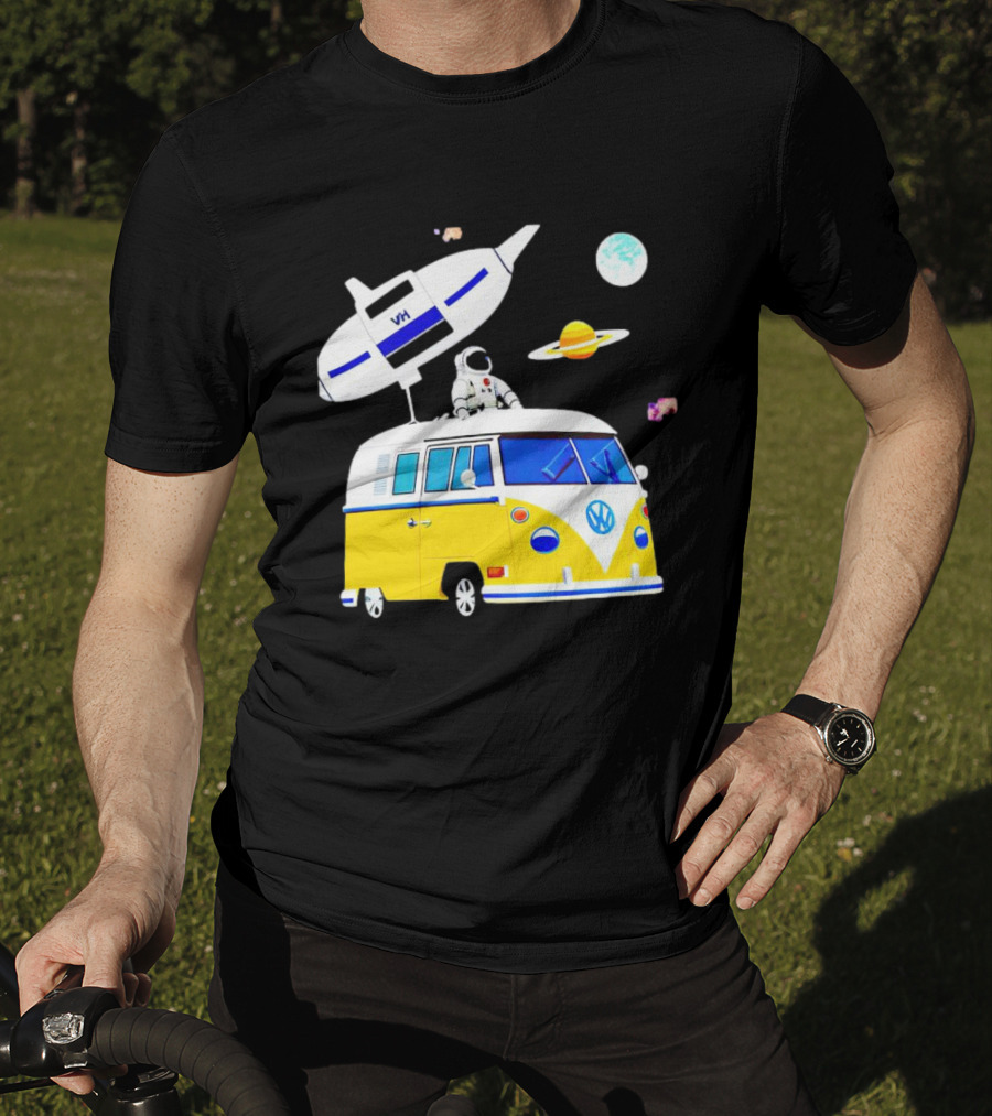 Astronaut Riding Yellow Volkswagen Bus With Rocket And Saturn Planet Background T-Shirt
