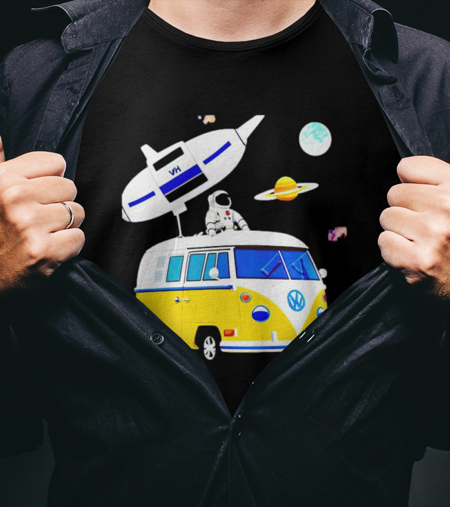 Astronaut Riding Yellow Volkswagen Bus With Rocket And Saturn Planet Background T-Shirt
