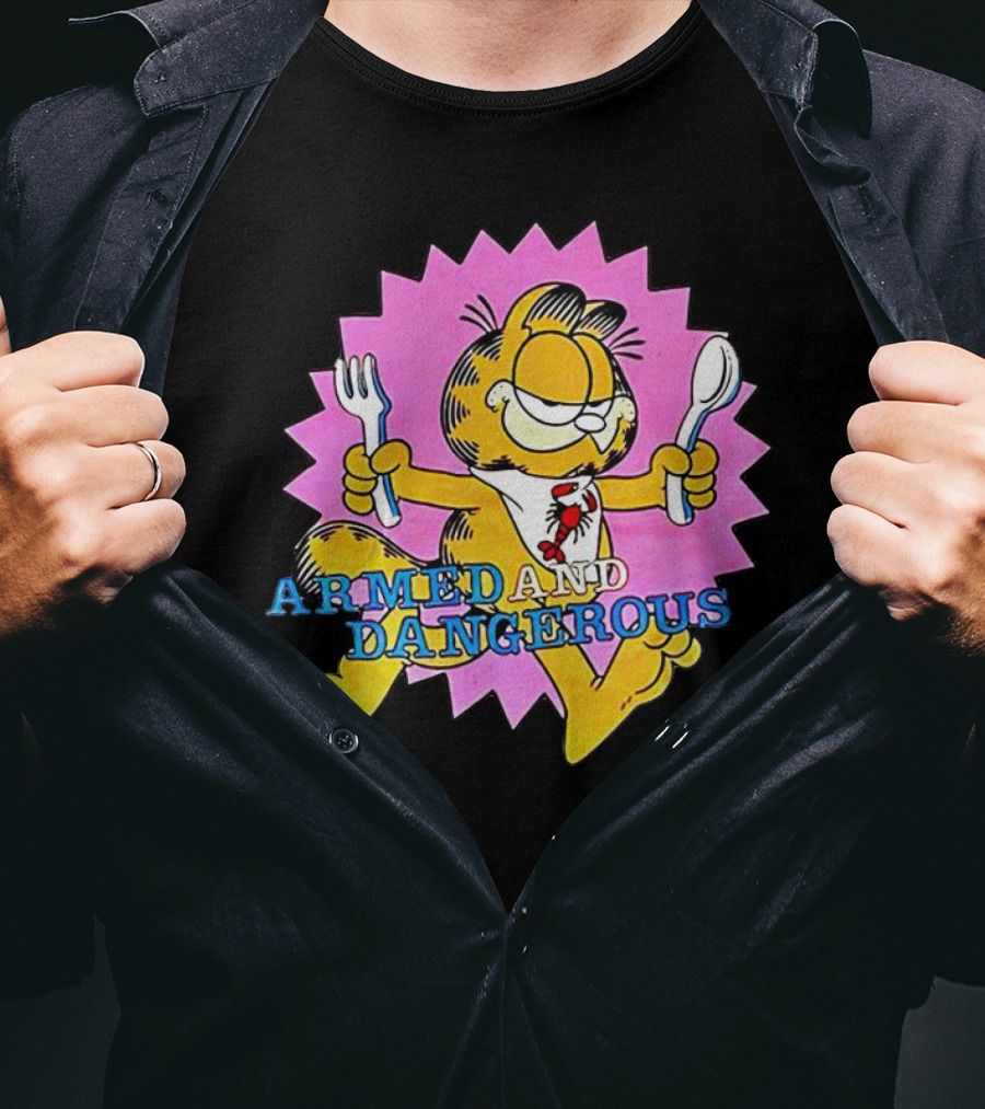 Armed And Dangerous Garfield With Fork And Spoon On Pink Starbursts T-Shirt
