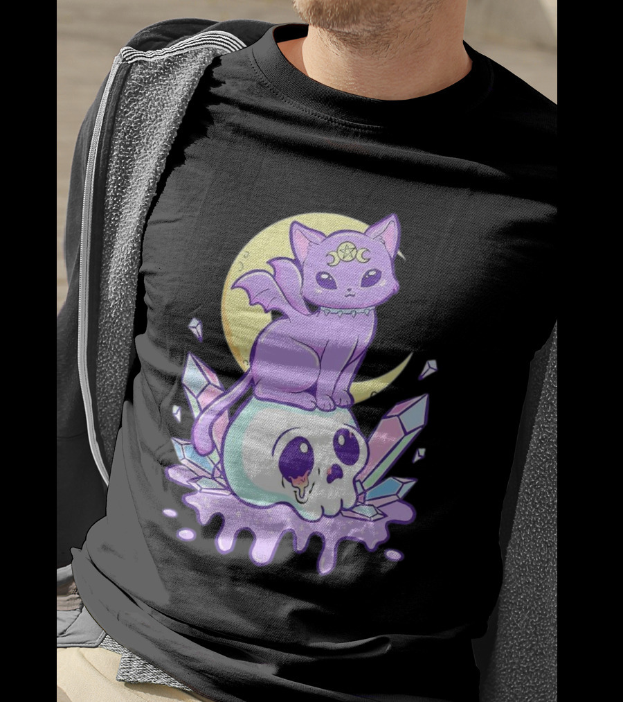 Witchy Cat With Moon And Skull Crystals T-Shirt