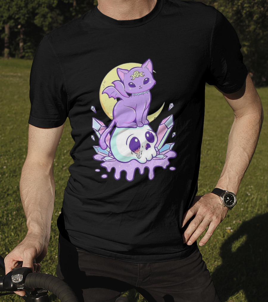 Witchy Cat With Moon And Skull Crystals T-Shirt