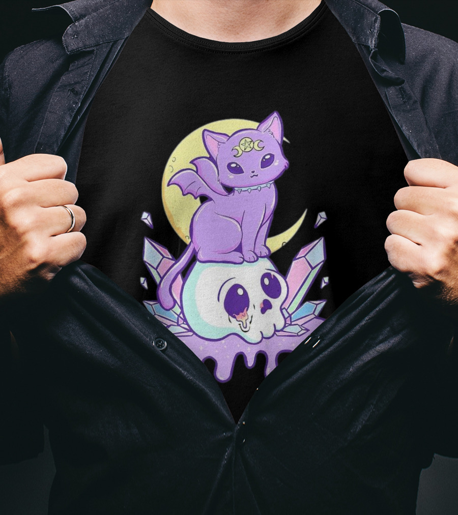 Witchy Cat With Moon And Skull Crystals T-Shirt