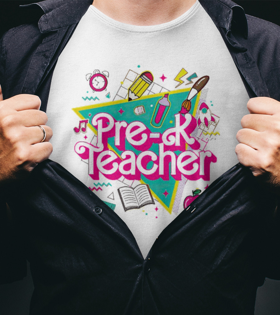 Pre-K Teacher Neon Art Supplies And Icons T-Shirt