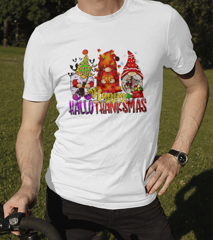 Happy Hallothanksmas Gnomes Halloween Thanksgiving Christmas T-Shirt