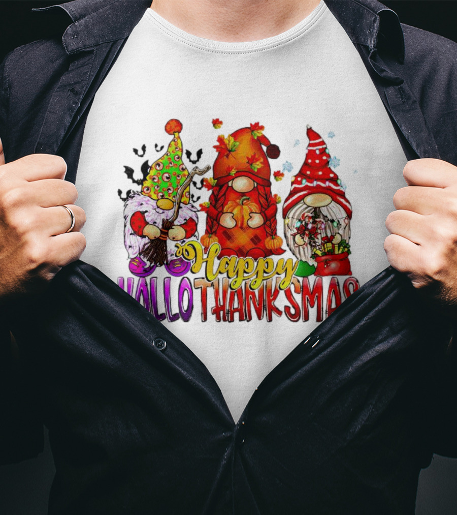 Happy Hallothanksmas Gnomes Halloween Thanksgiving Christmas T-Shirt