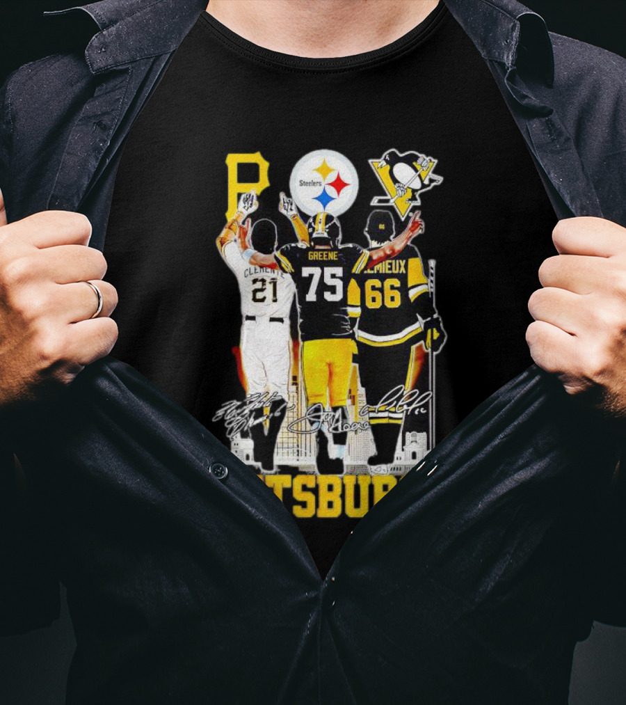 Pittsburgh Steelers Penguins Pirates Clemente Greene Lemieux Signatures T-Shirt