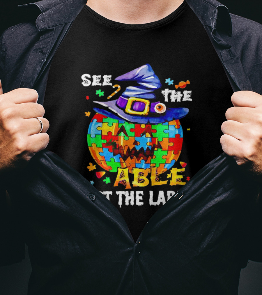 See The Able Not The Label Pumpkin Autism Puzzle Witch Hat T-Shirt