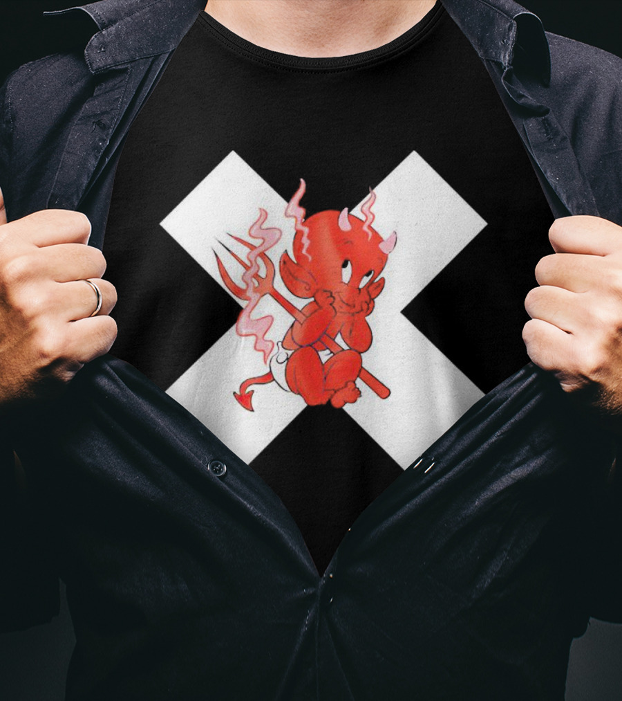 Baby Devil Cartoon Character With Pitchfork On White X T-Shirt