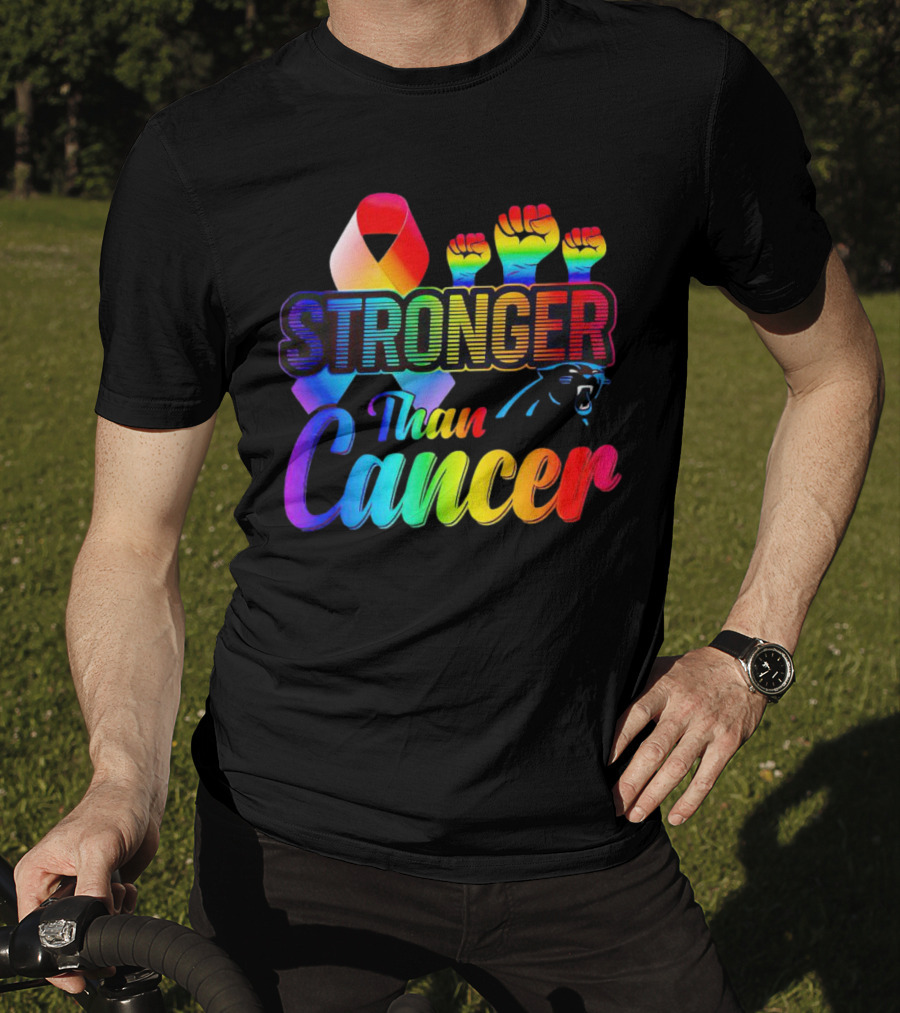 Carolina Panthers Stronger Than Cancer Rainbow Ribbon And Fists T-Shirt