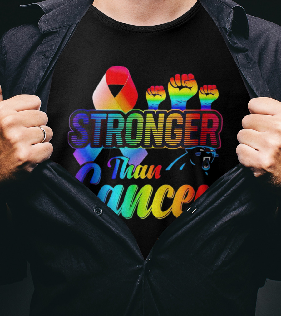 Carolina Panthers Stronger Than Cancer Rainbow Ribbon And Fists T-Shirt