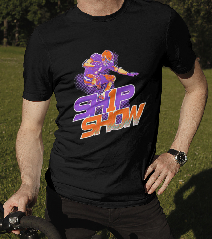 Clemson Tigers Ship Show Football Player In Orange And Purple T-Shirt