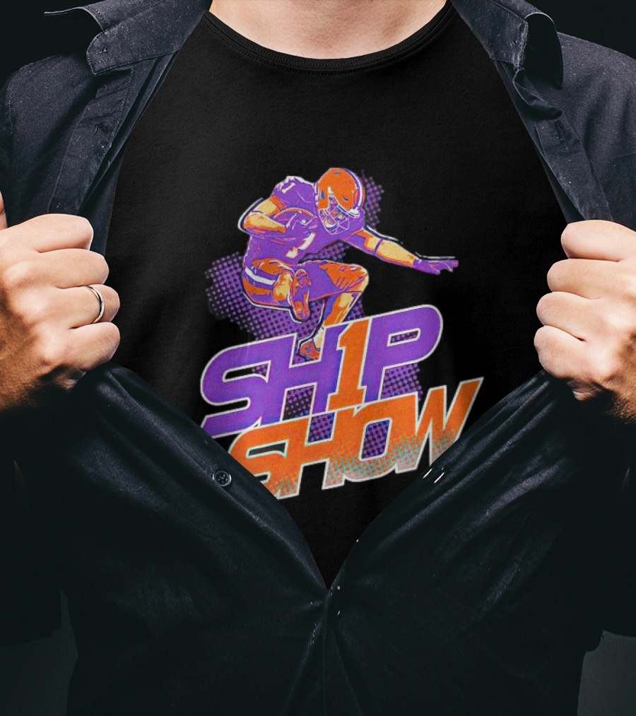 Clemson Tigers Ship Show Football Player In Orange And Purple T-Shirt