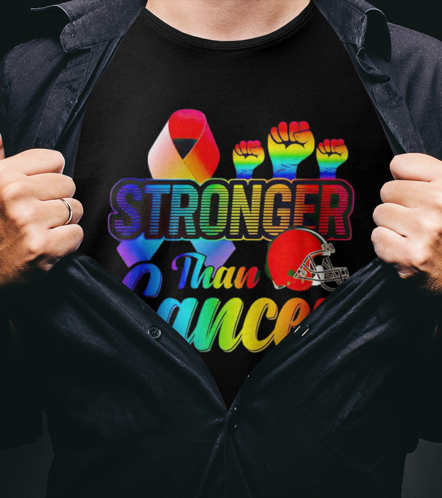 Cleveland Browns Stronger Than Cancer Rainbow Ribbon And Helmet T-Shirt