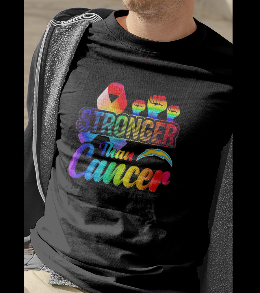 Los Angeles Chargers Stronger Than Cancer Rainbow Ribbon And Fists T-Shirt
