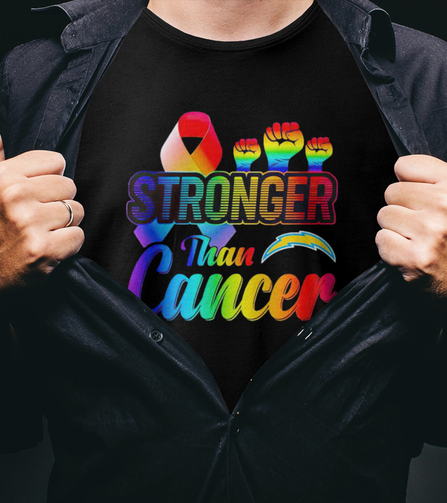 Los Angeles Chargers Stronger Than Cancer Rainbow Ribbon And Fists T-Shirt