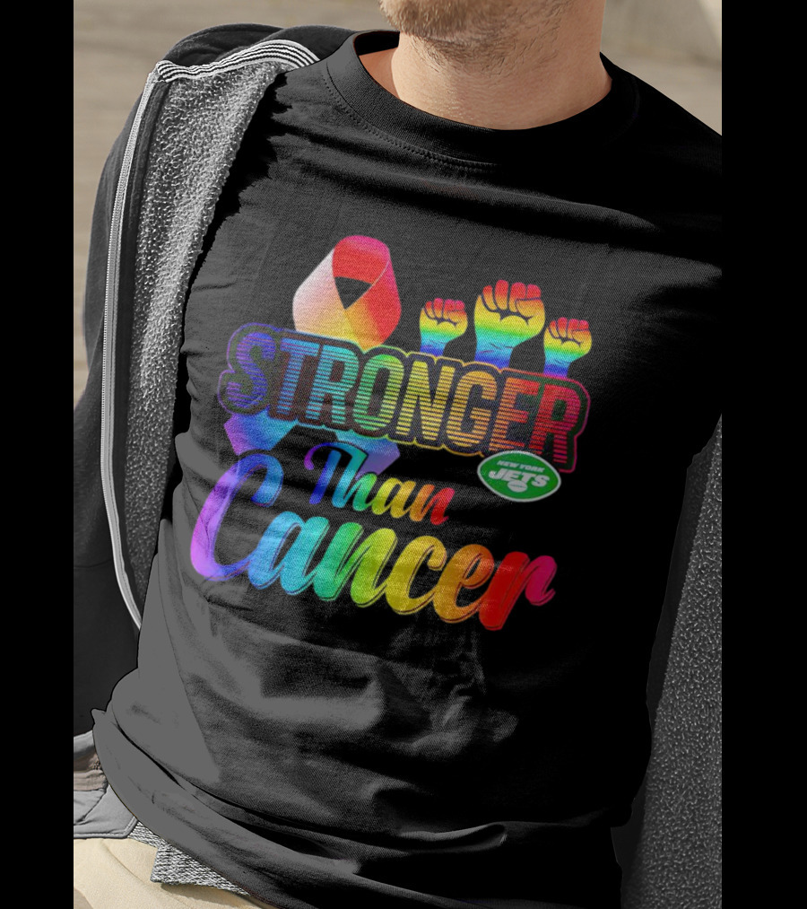 New York Jets Stronger Than Cancer Rainbow Ribbon And Fists T-Shirt