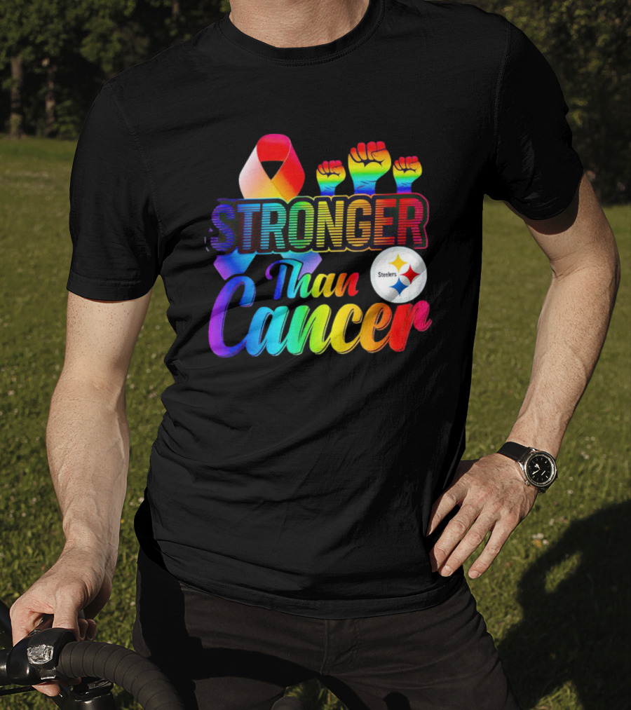 Pittsburgh Steelers Stronger Than Cancer Rainbow Ribbon And Fists T-Shirt