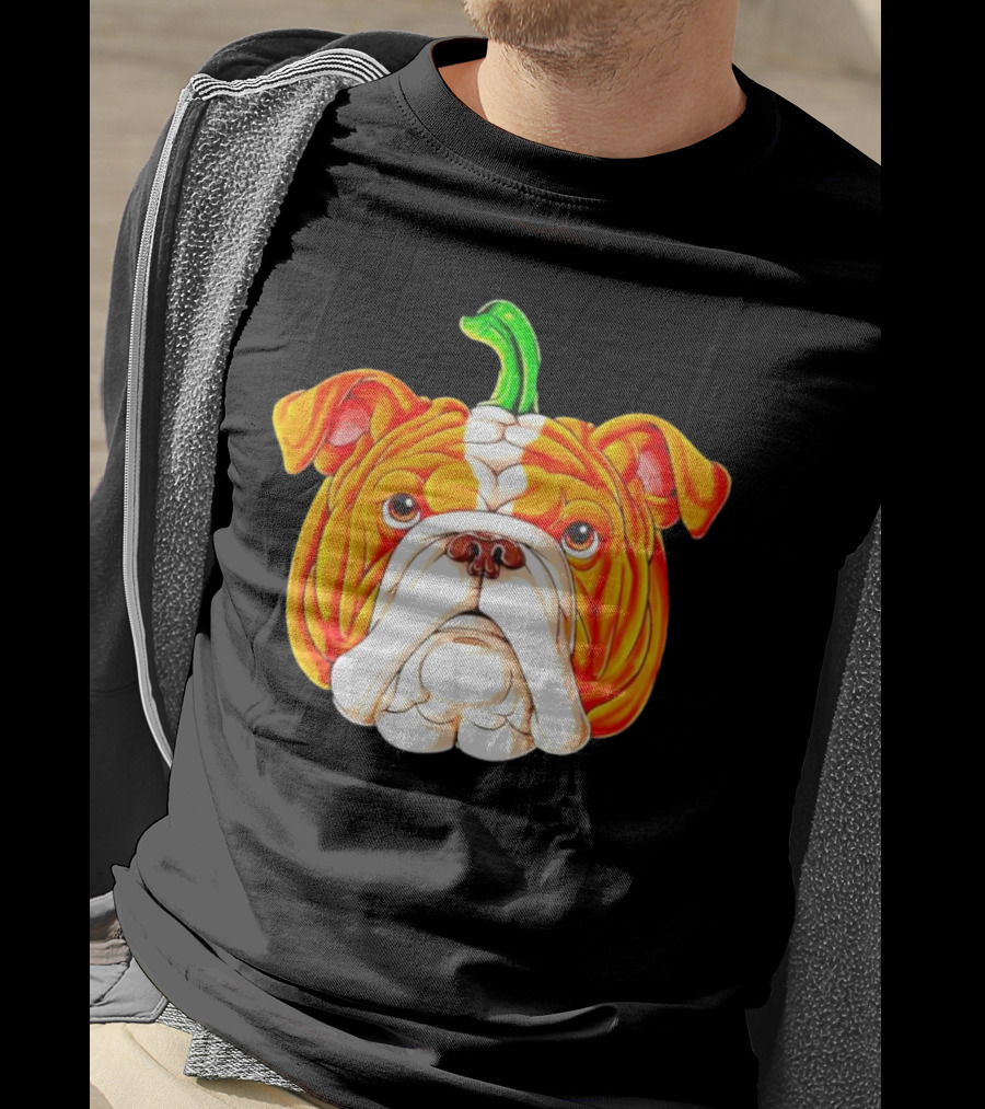 Bulldog Pumpkin Halloween Face With Green Stem T-Shirt
