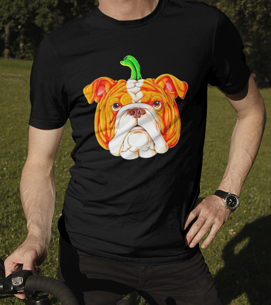 Bulldog Pumpkin Halloween Face With Green Stem T-Shirt