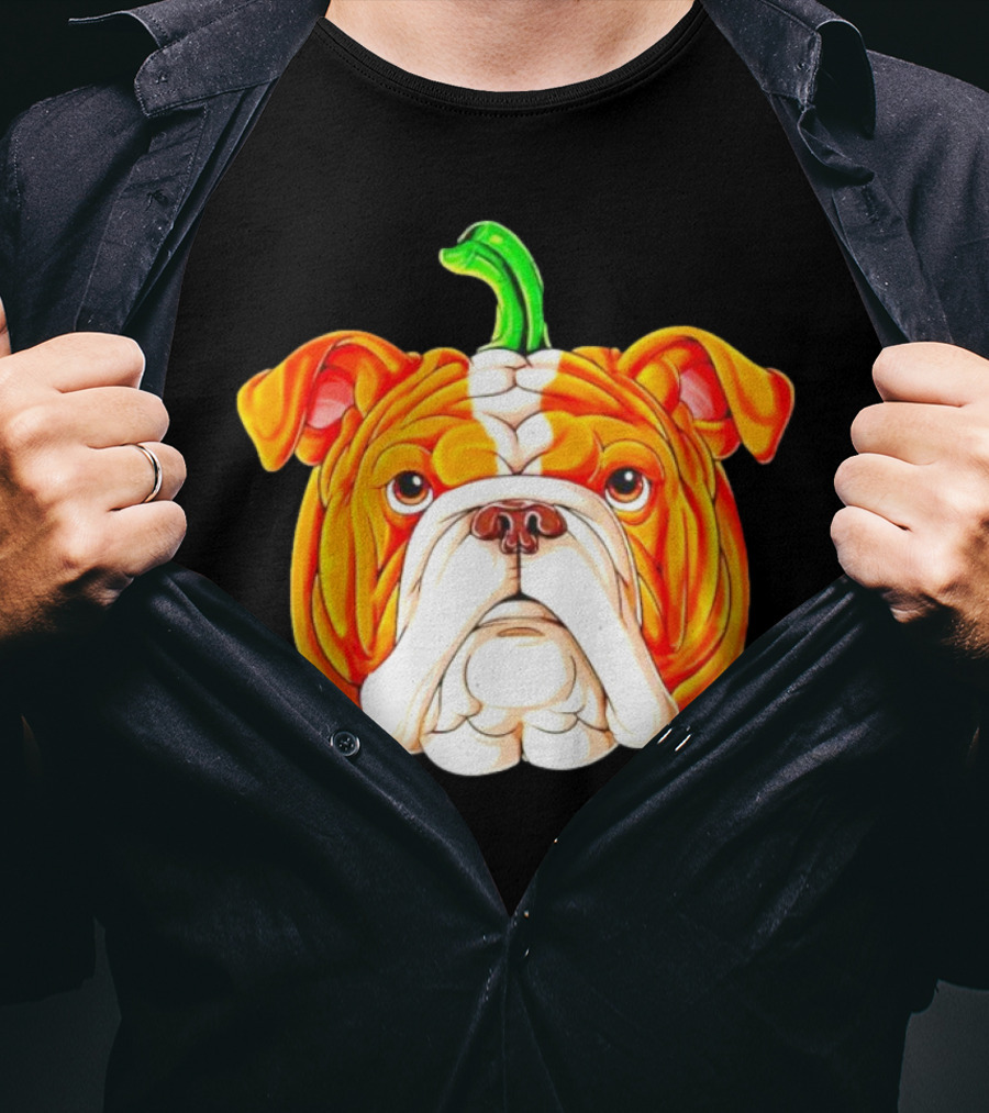 Bulldog Pumpkin Halloween Face With Green Stem T-Shirt