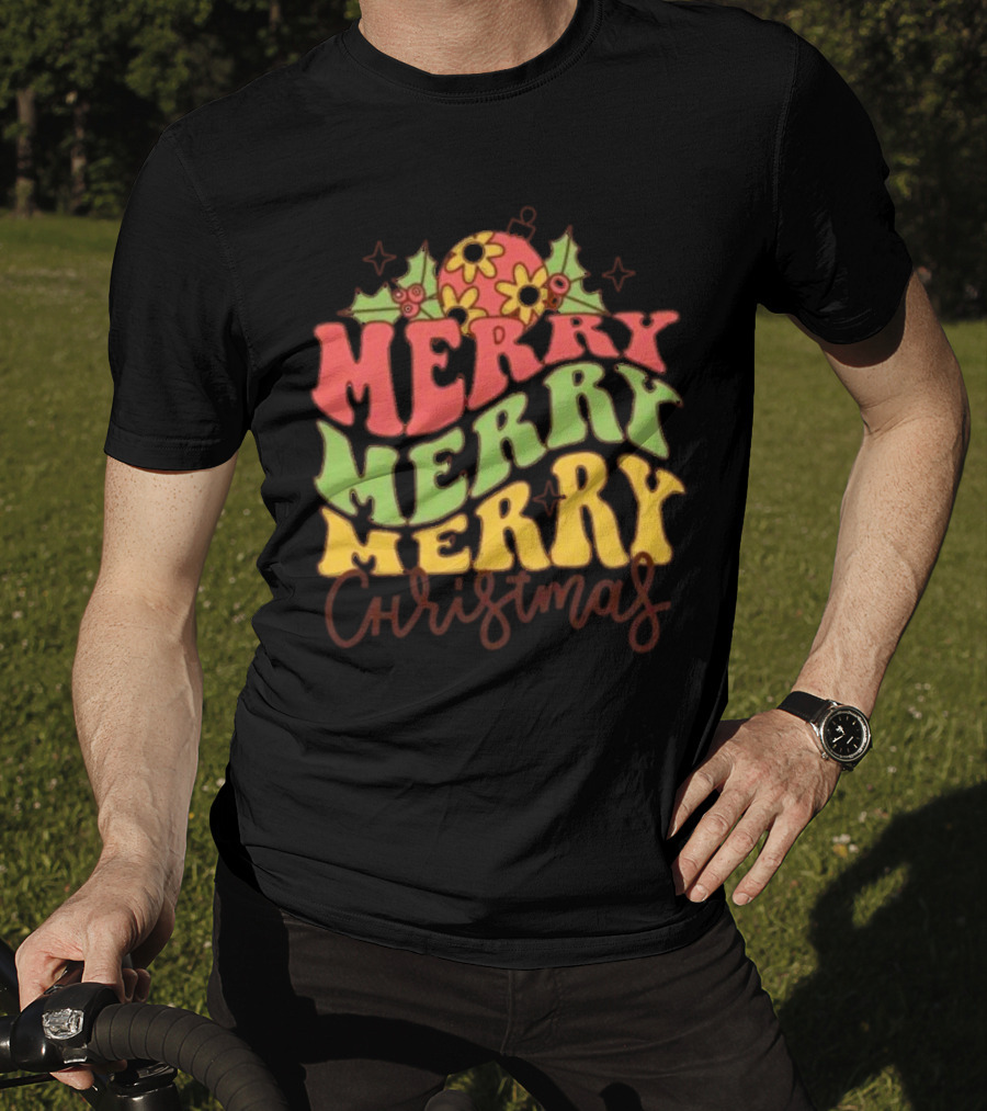 Merry Merry Merry Christmas Retro Flowers And Holly T-Shirt