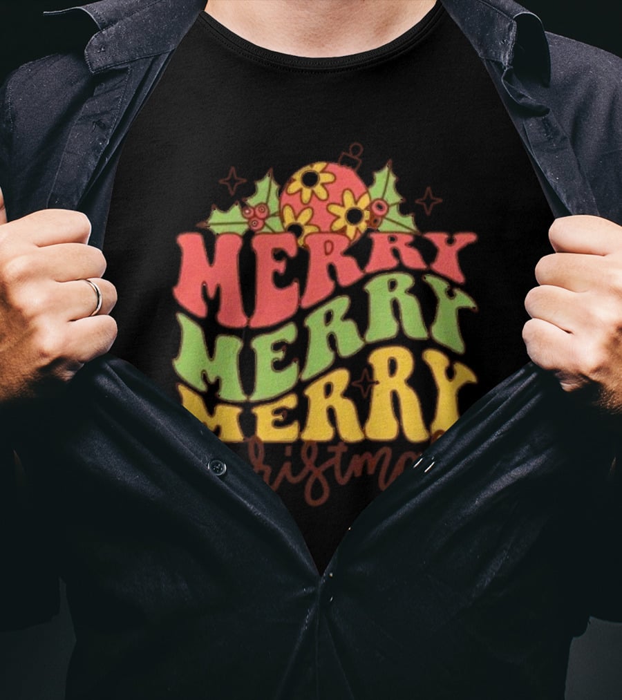 Merry Merry Merry Christmas Retro Flowers And Holly T-Shirt