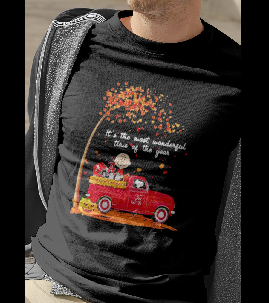 Peanuts Characters Alabama Crimson Tide Fall It's The Most Wonderful Time Of The Year Truck Football Pumpkins Leaves T-Shirt