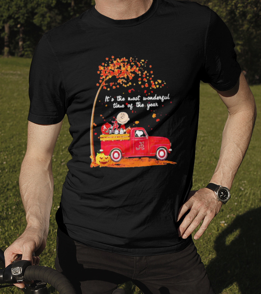 Peanuts Characters Alabama Crimson Tide Fall It's The Most Wonderful Time Of The Year Truck Football Pumpkins Leaves T-Shirt
