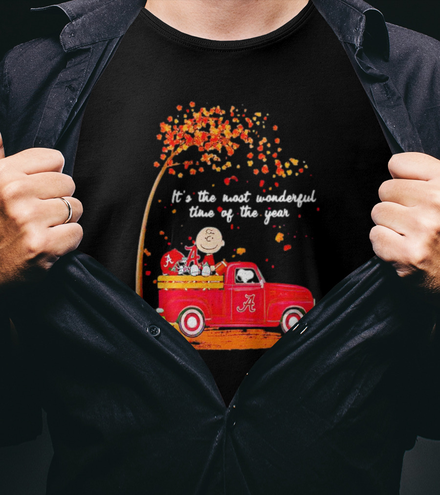 Peanuts Characters Alabama Crimson Tide Fall It's The Most Wonderful Time Of The Year Truck Football Pumpkins Leaves T-Shirt