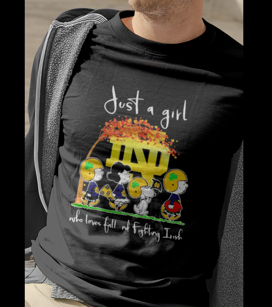 Just A Girl Who Loves Fall ND Fighting Irish Peanuts Characters T-Shirt