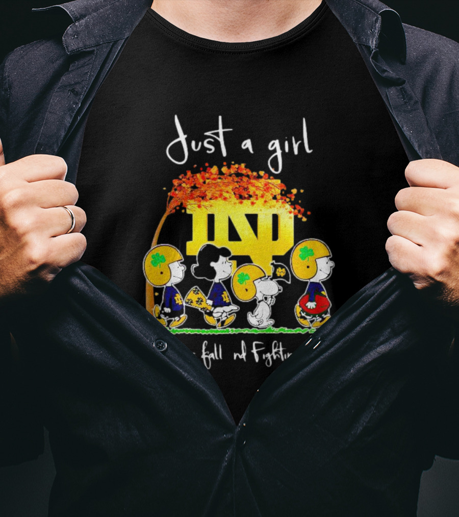 Just A Girl Who Loves Fall ND Fighting Irish Peanuts Characters T-Shirt