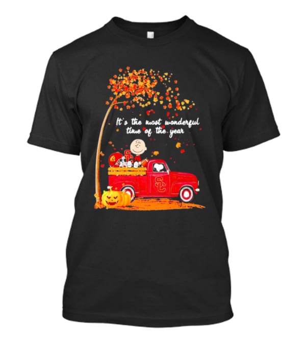 Peanuts Characters USC Trojans Fall It's The Most Wonderful Time Of The Year Football Truck Pumpkin Charlie Brown T-Shirt