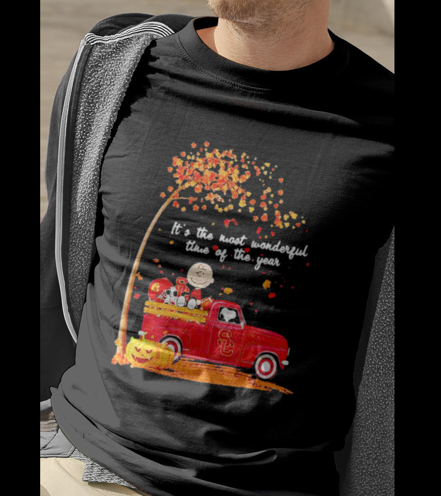 Peanuts Characters USC Trojans Fall It's The Most Wonderful Time Of The Year Football Truck Pumpkin Charlie Brown T-Shirt