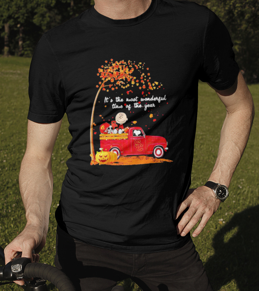 Peanuts Characters USC Trojans Fall It's The Most Wonderful Time Of The Year Football Truck Pumpkin Charlie Brown T-Shirt