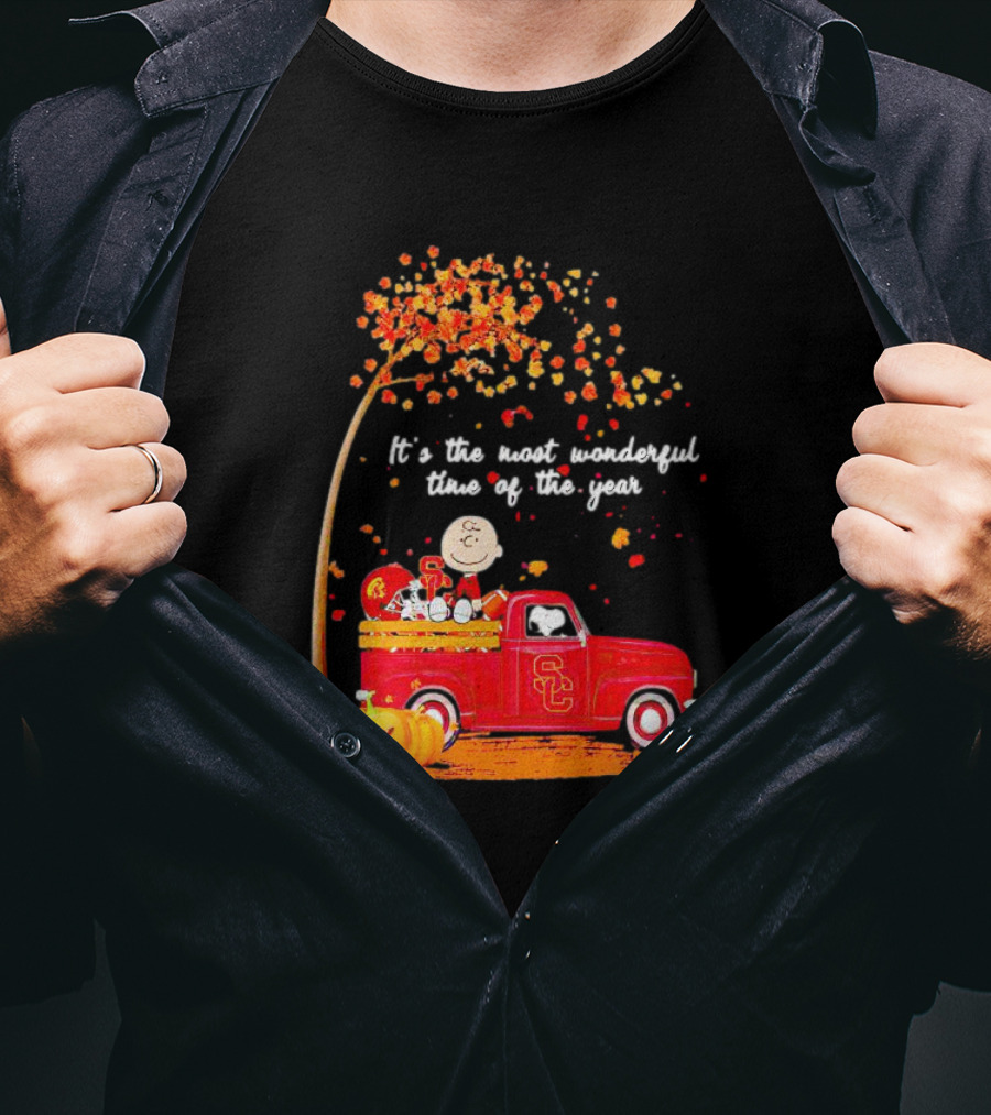 Peanuts Characters USC Trojans Fall It's The Most Wonderful Time Of The Year Football Truck Pumpkin Charlie Brown T-Shirt