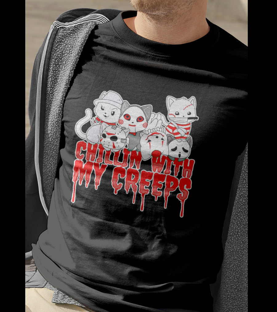 Chillin With My Creeps Cat Horror Icons T-Shirt