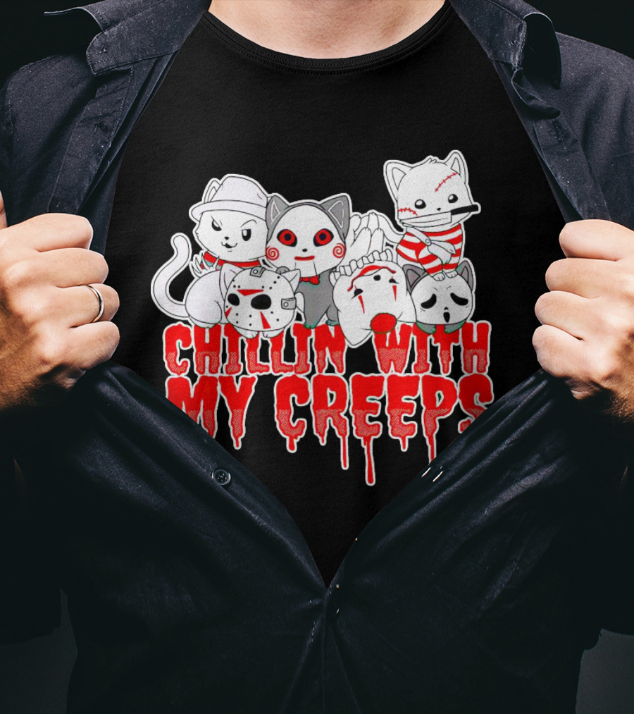 Chillin With My Creeps Cat Horror Icons T-Shirt